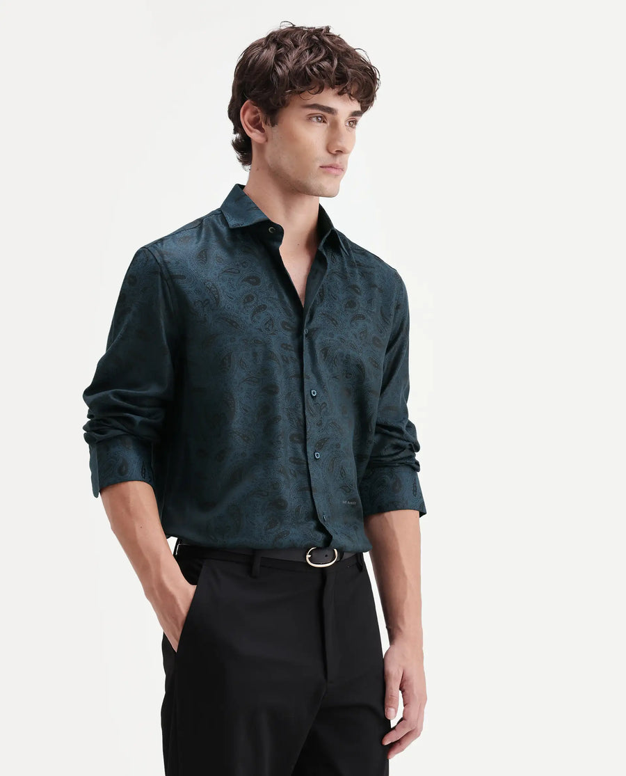Rare Rabbit Men's Paso Blue Polyester Blend Fabric Spread Collar Regular Fit Paisley Print Shirt