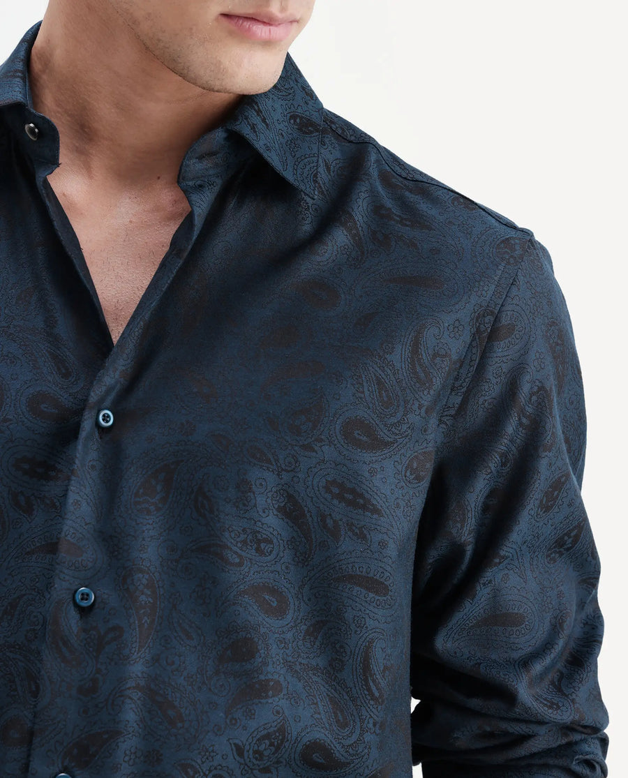 Rare Rabbit Men's Paso Blue Polyester Blend Fabric Spread Collar Regular Fit Paisley Print Shirt