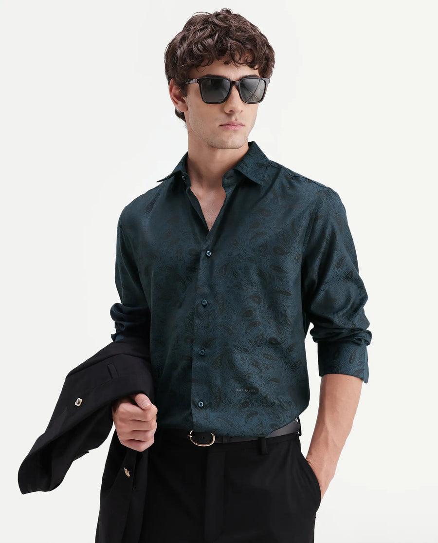 Rare Rabbit Men's Paso Blue Polyester Blend Fabric Spread Collar Regular Fit Paisley Print Shirt