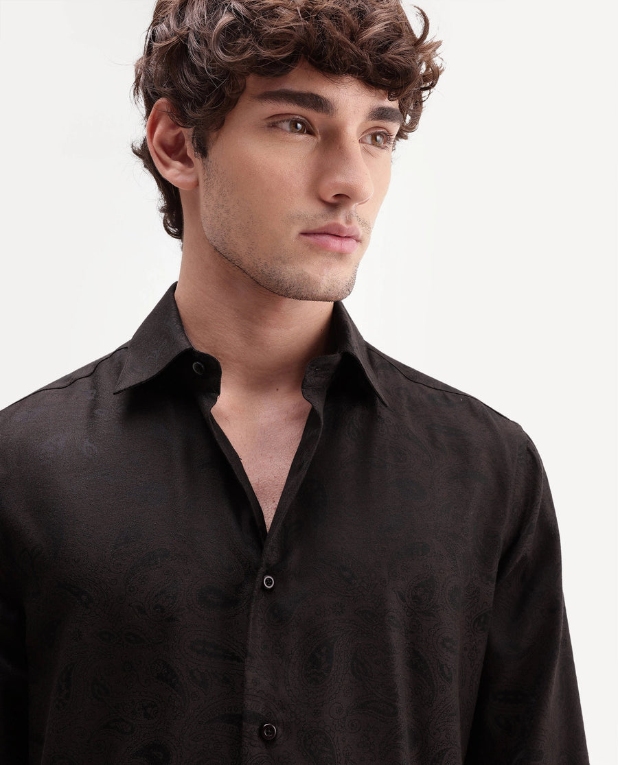 Rare Rabbit Men's Paso Brown Polyester Blend Fabric Spread Collar Regular Fit Paisley Print Shirt