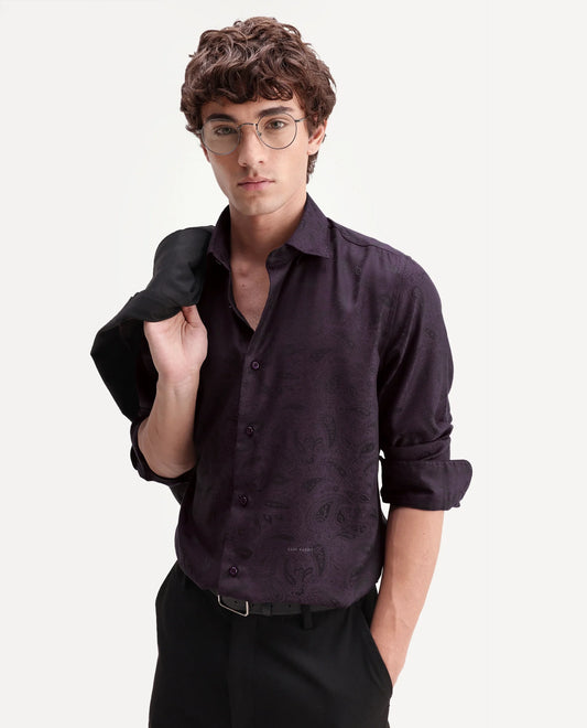 Rare Rabbit Men's Paso Dark Purple Polyester Blend Fabric Spread Collar Regular Fit Paisley Print Shirt