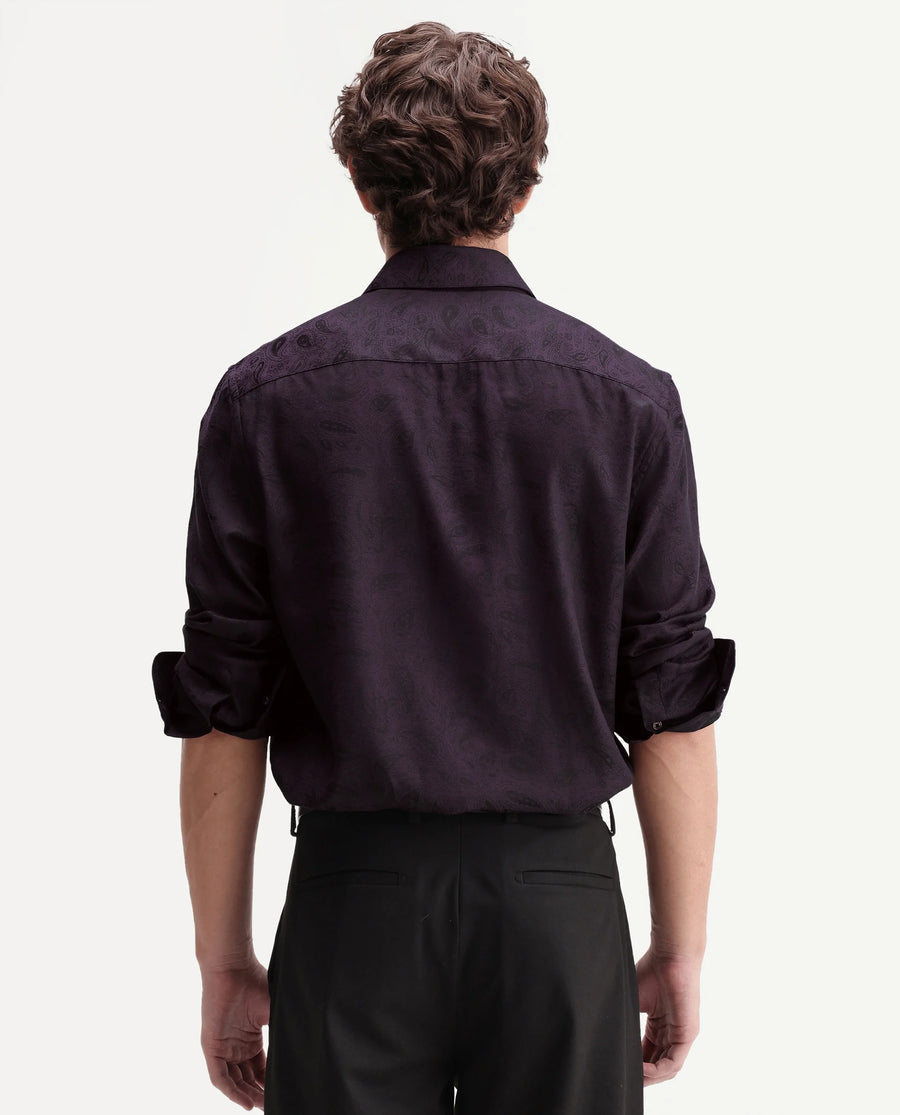 Rare Rabbit Men's Paso Dark Purple Polyester Blend Fabric Spread Collar Regular Fit Paisley Print Shirt