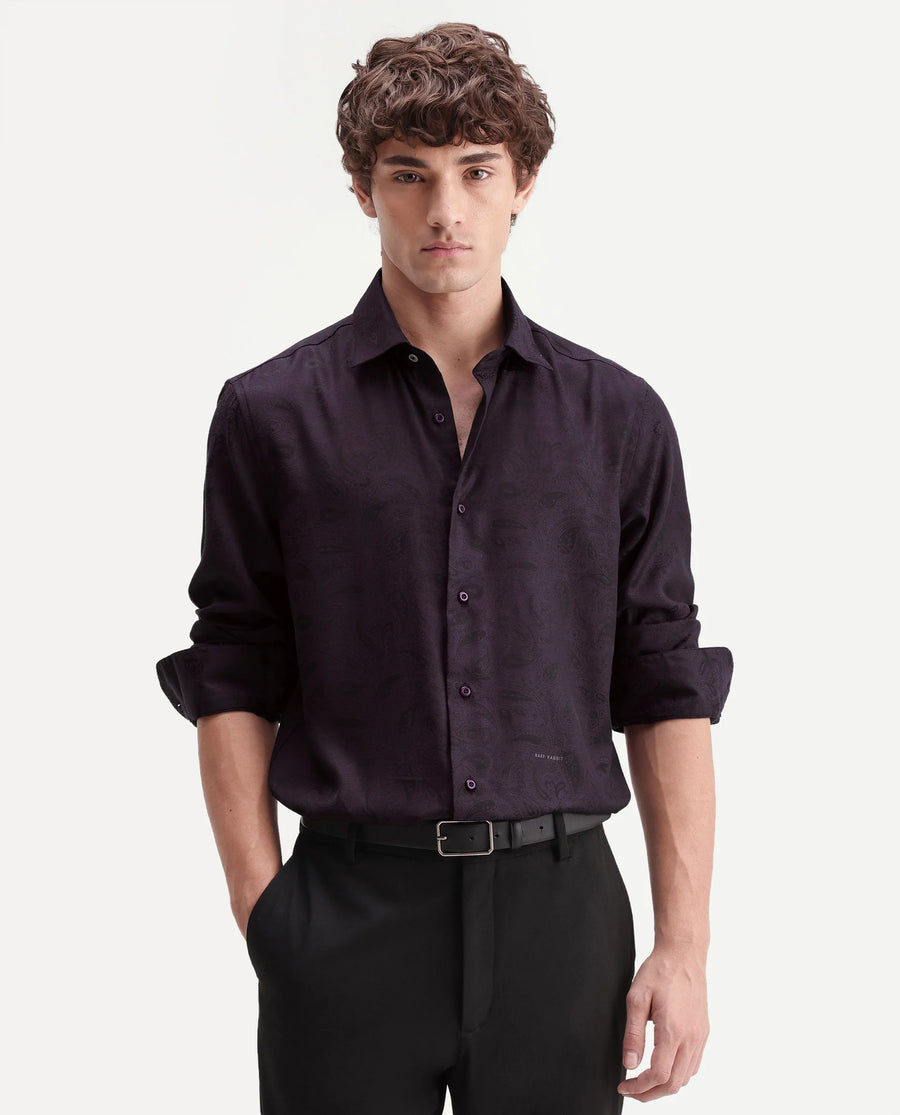 Rare Rabbit Men's Paso Dark Purple Polyester Blend Fabric Spread Collar Regular Fit Paisley Print Shirt