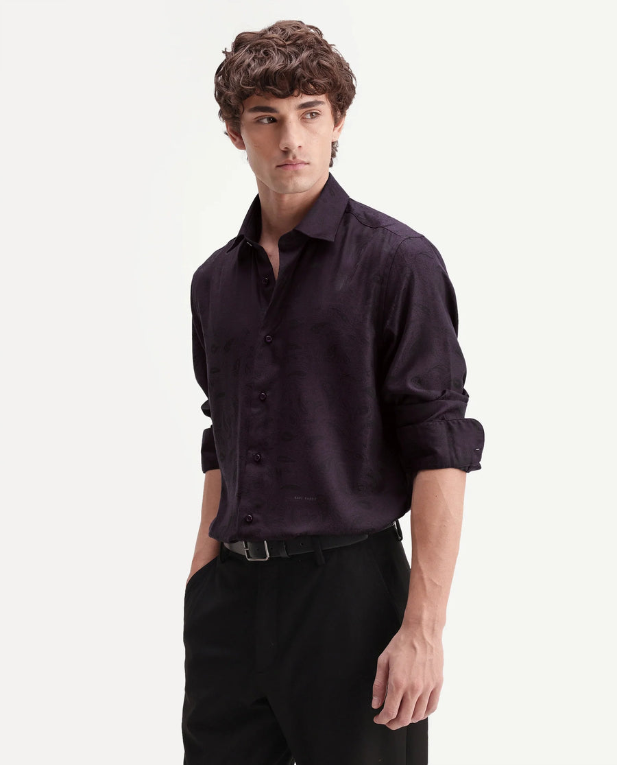Rare Rabbit Men's Paso Dark Purple Polyester Blend Fabric Spread Collar Regular Fit Paisley Print Shirt