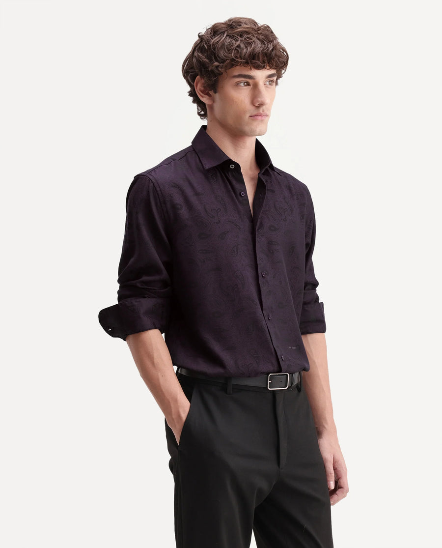 Rare Rabbit Men's Paso Dark Purple Polyester Blend Fabric Spread Collar Regular Fit Paisley Print Shirt