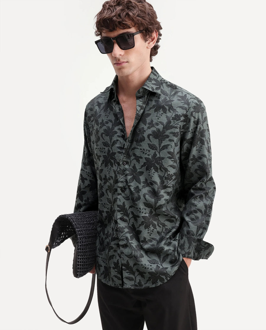 Rare Rabbit Men's Rezo Dark Green Polyester Blend Spread Collar Button Regular Floral Print Print Shirt