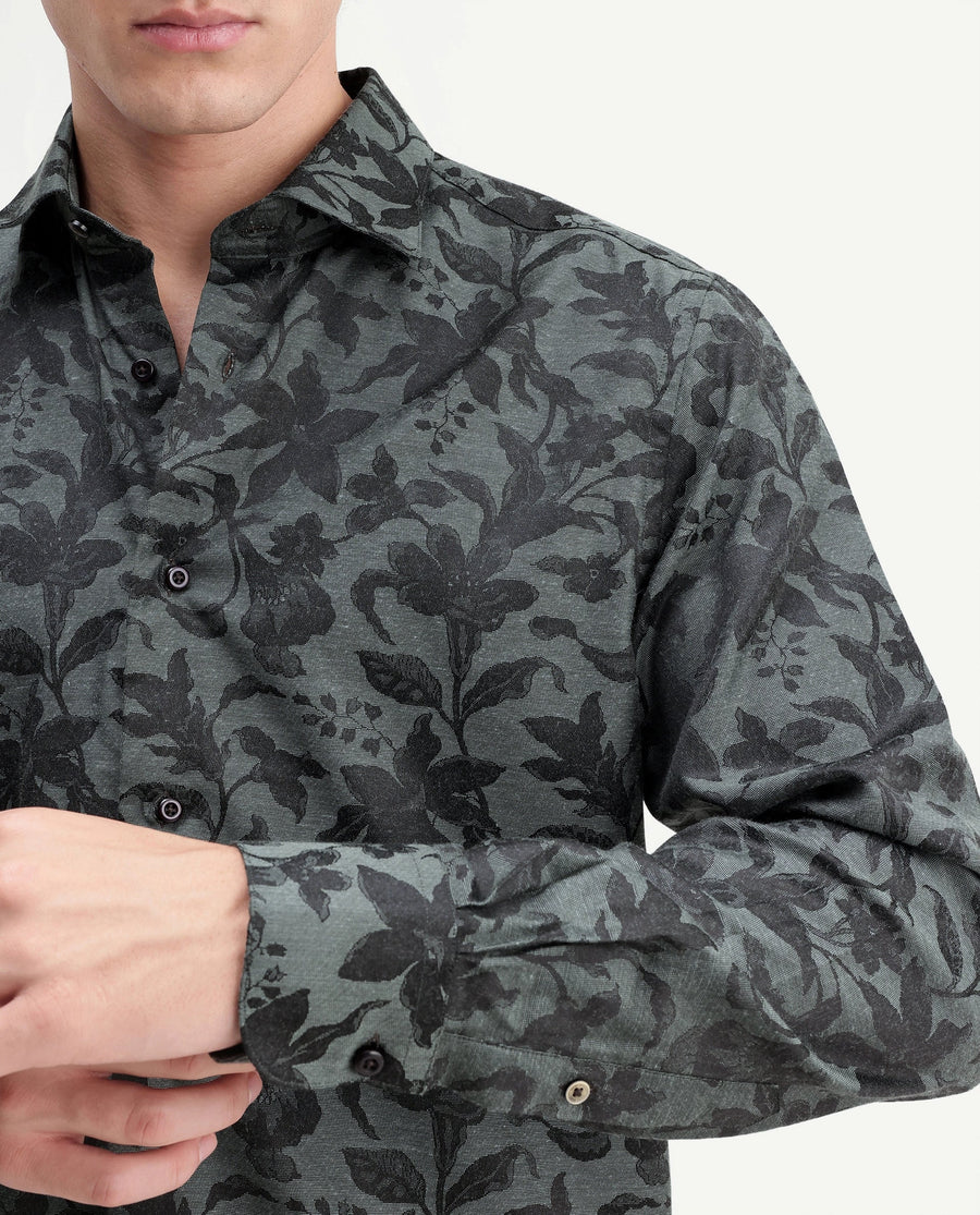 Rare Rabbit Men's Rezo Dark Green Polyester Blend Spread Collar Button Regular Floral Print Print Shirt