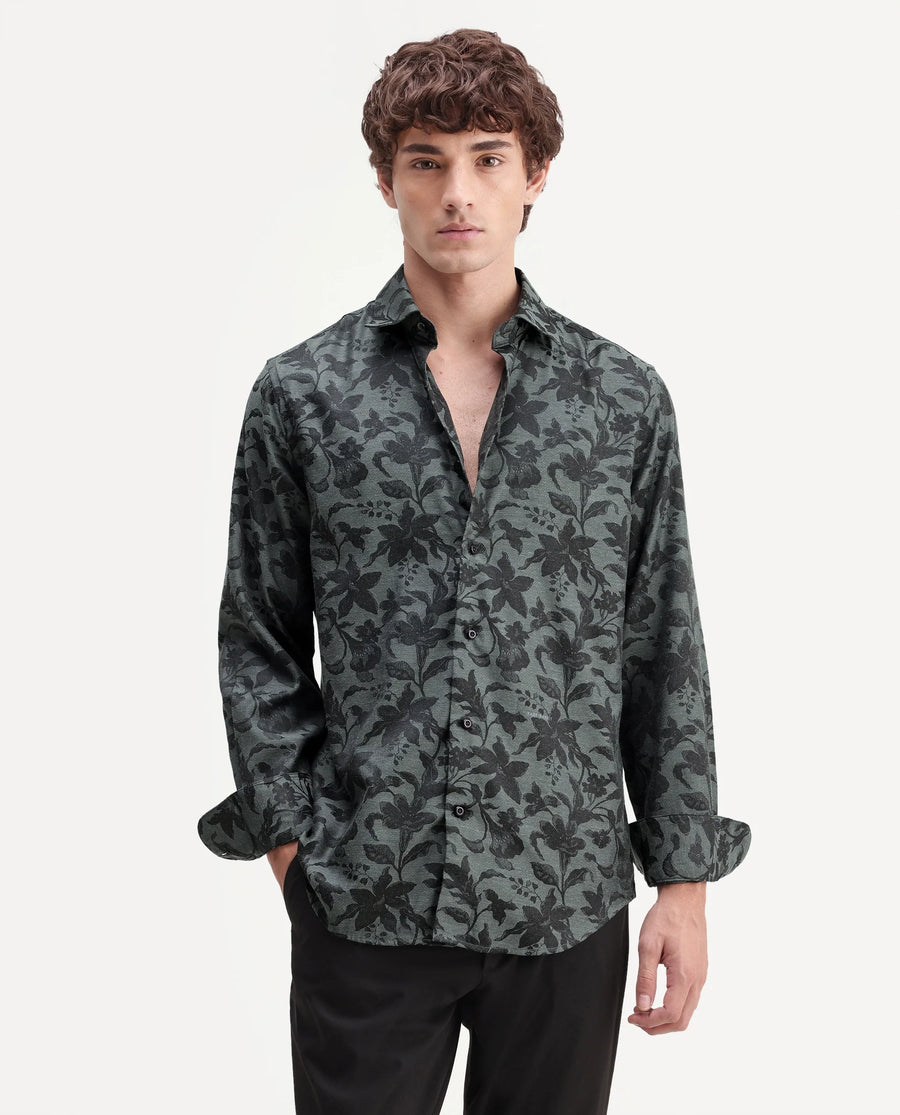 Rare Rabbit Men's Rezo Dark Green Polyester Blend Spread Collar Button Regular Floral Print Print Shirt