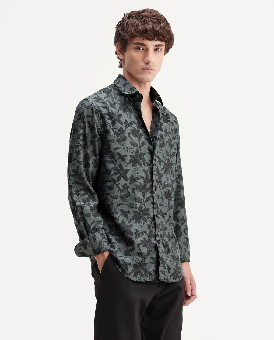 Rare Rabbit Men's Rezo Dark Green Polyester Blend Spread Collar Button Regular Floral Print Print Shirt