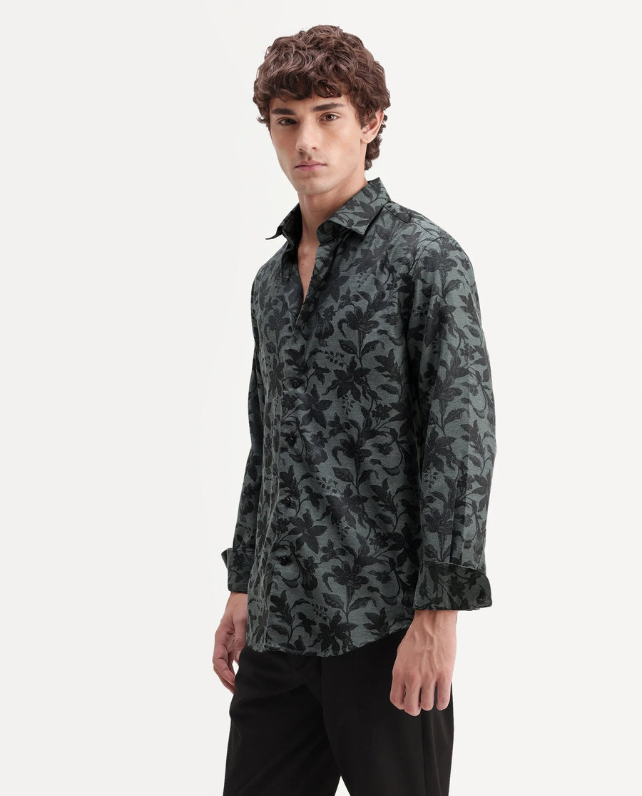 Rare Rabbit Men's Rezo Dark Green Polyester Blend Spread Collar Button Regular Floral Print Print Shirt