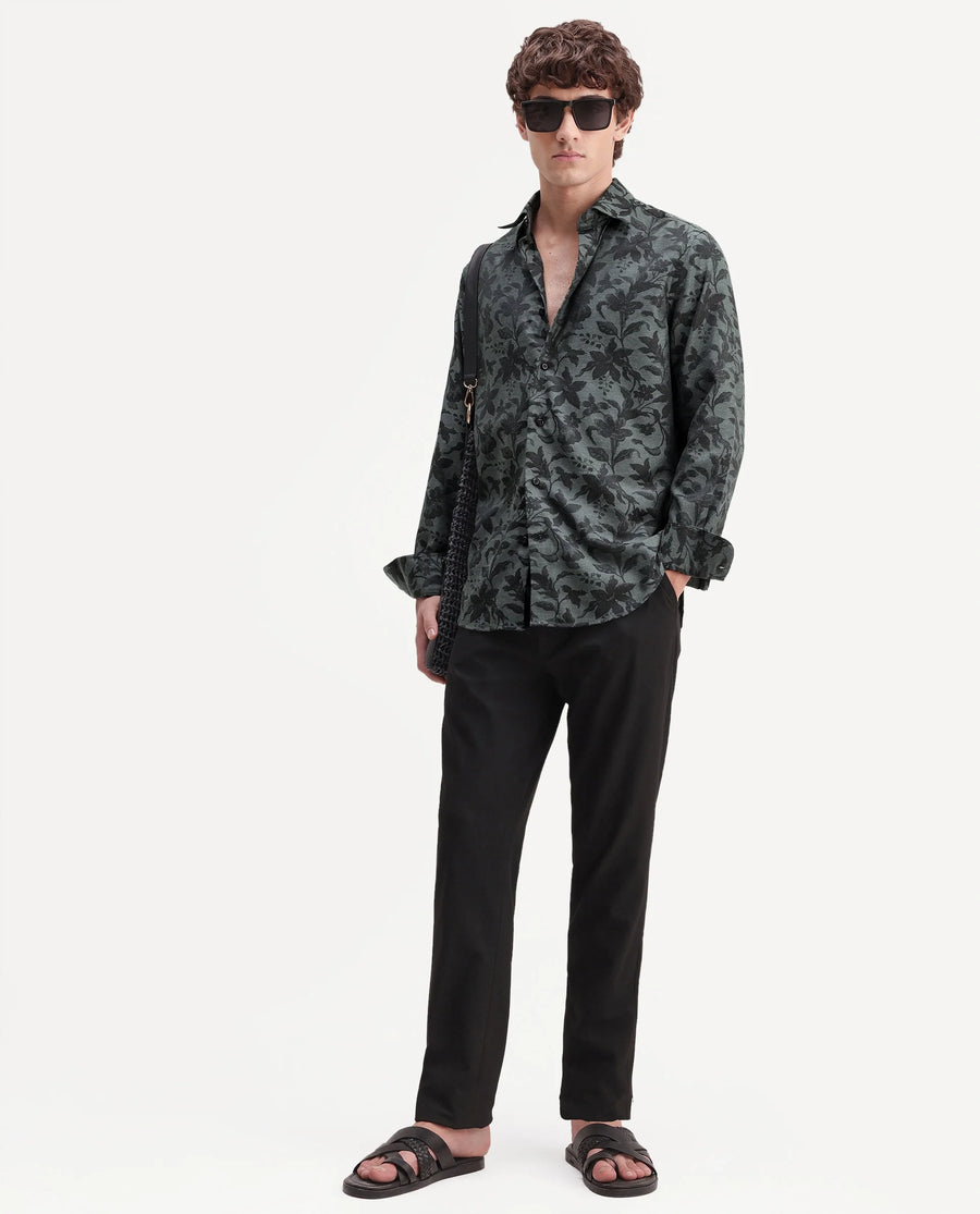 Rare Rabbit Men's Rezo Dark Green Polyester Blend Spread Collar Button Regular Floral Print Print Shirt