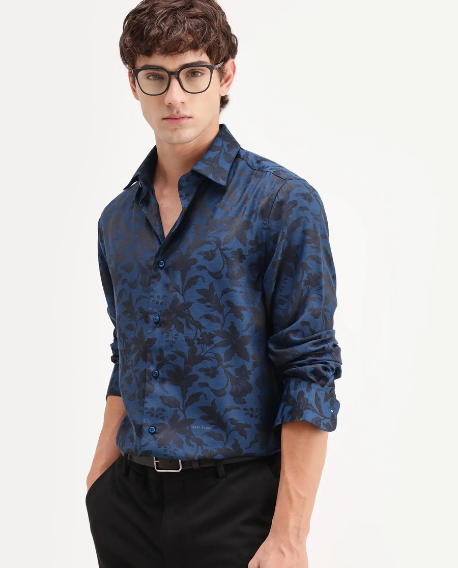 Rare Rabbit Men's Rezo Dark Blue Polyester Blend Spread Collar Button Regular Floral Print Print Shirt