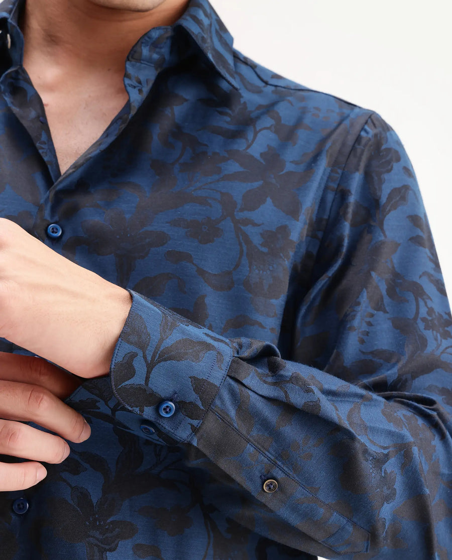Rare Rabbit Men's Rezo Dark Blue Polyester Blend Spread Collar Button Regular Floral Print Print Shirt
