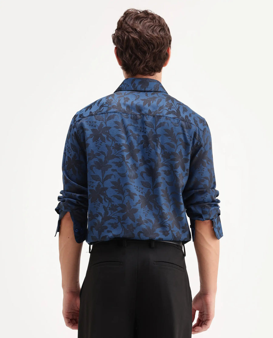 Rare Rabbit Men's Rezo Dark Blue Polyester Blend Spread Collar Button Regular Floral Print Print Shirt