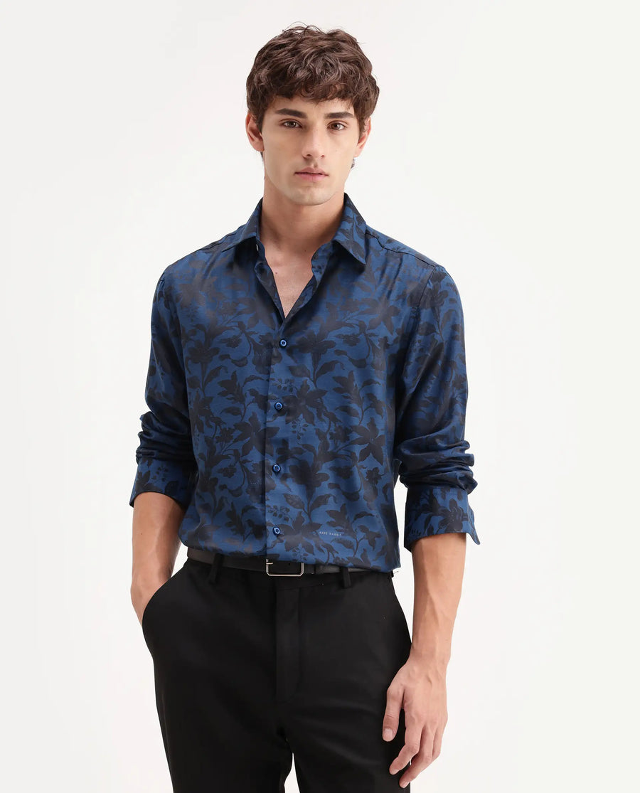 Rare Rabbit Men's Rezo Dark Blue Polyester Blend Spread Collar Button Regular Floral Print Print Shirt