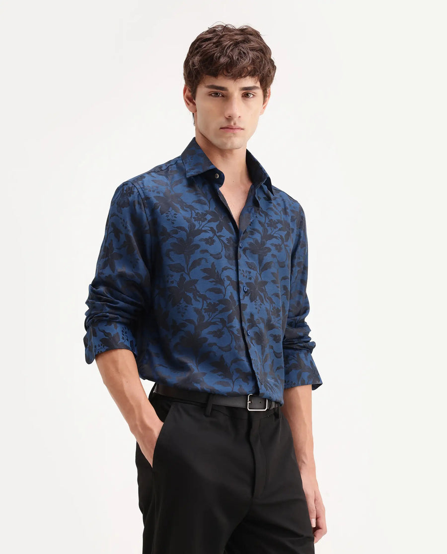 Rare Rabbit Men's Rezo Dark Blue Polyester Blend Spread Collar Button Regular Floral Print Print Shirt