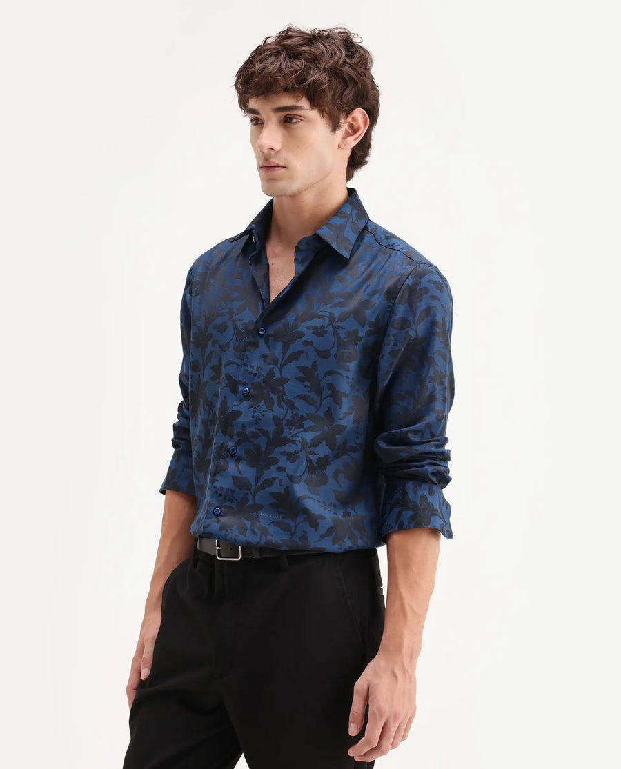 Rare Rabbit Men's Rezo Dark Blue Polyester Blend Spread Collar Button Regular Floral Print Print Shirt