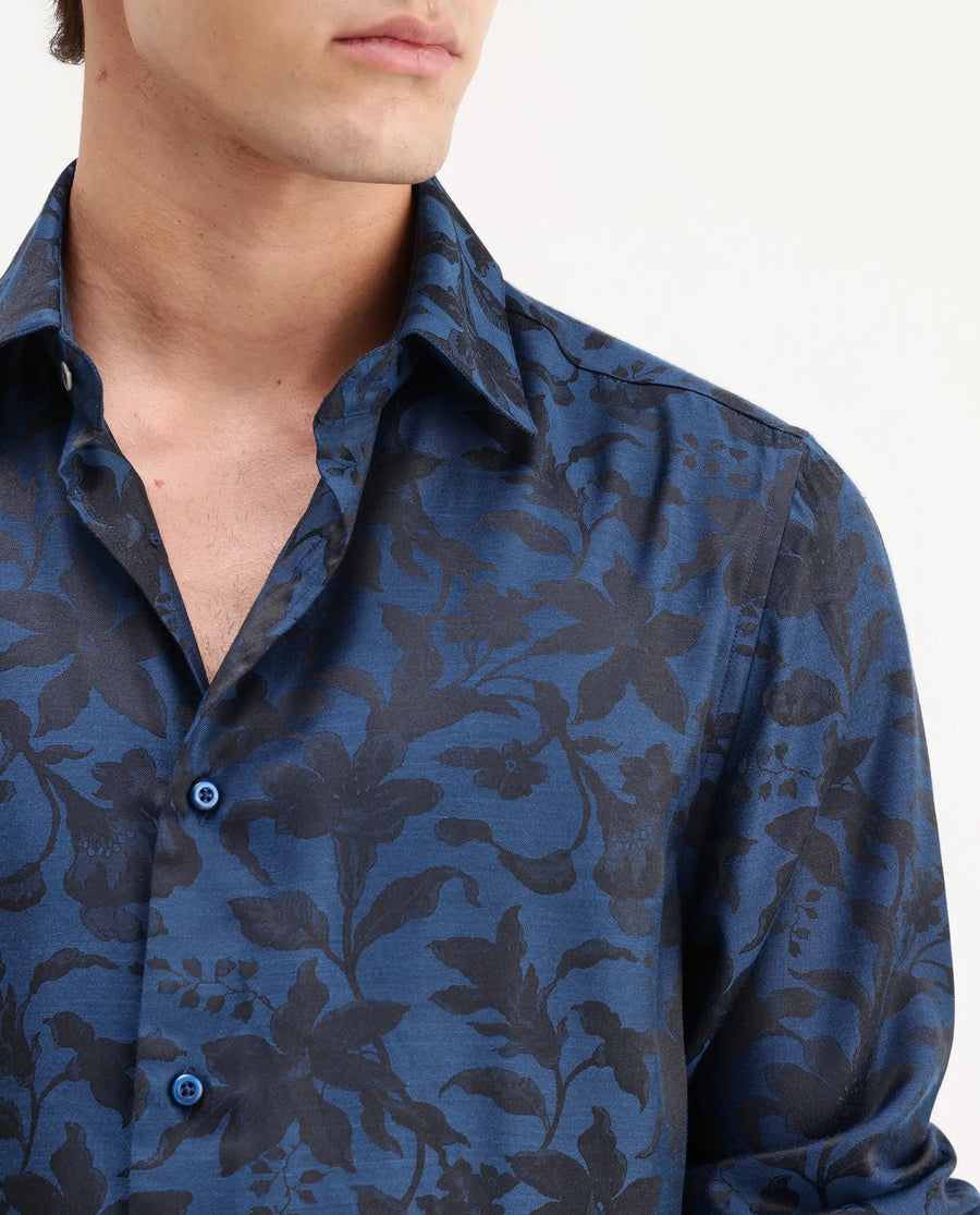 Rare Rabbit Men's Rezo Dark Blue Polyester Blend Spread Collar Button Regular Floral Print Print Shirt