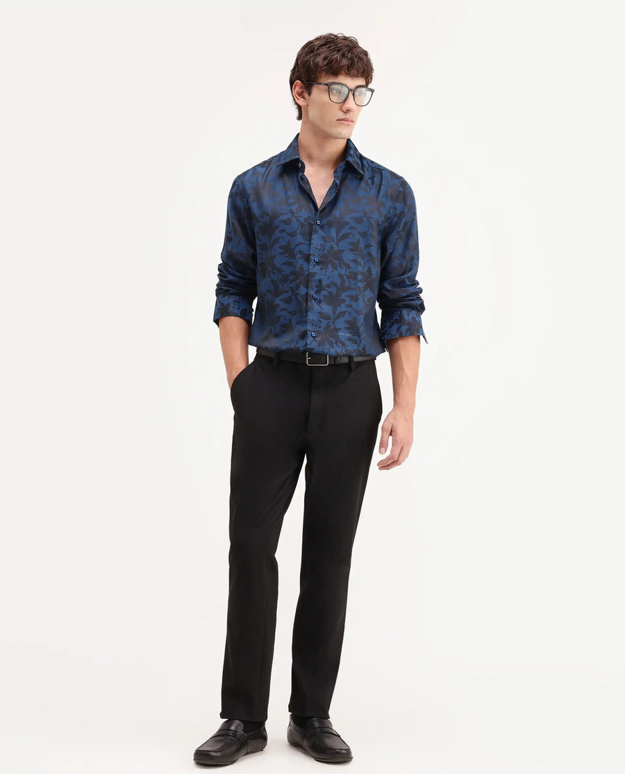 Rare Rabbit Men's Rezo Dark Blue Polyester Blend Spread Collar Button Regular Floral Print Print Shirt