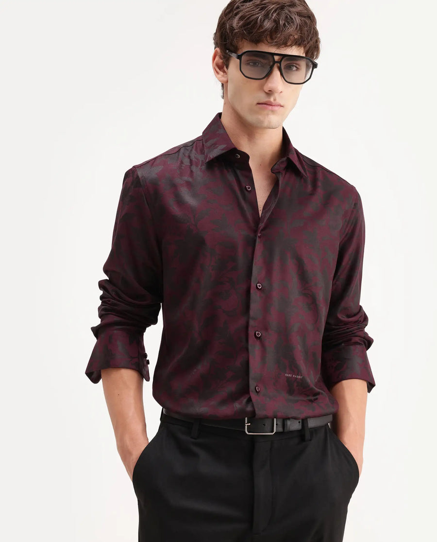 Rare Rabbit Men's Rezo Maroon Polyester Blend Spread Collar Button Regular Floral Print Print Shirt
