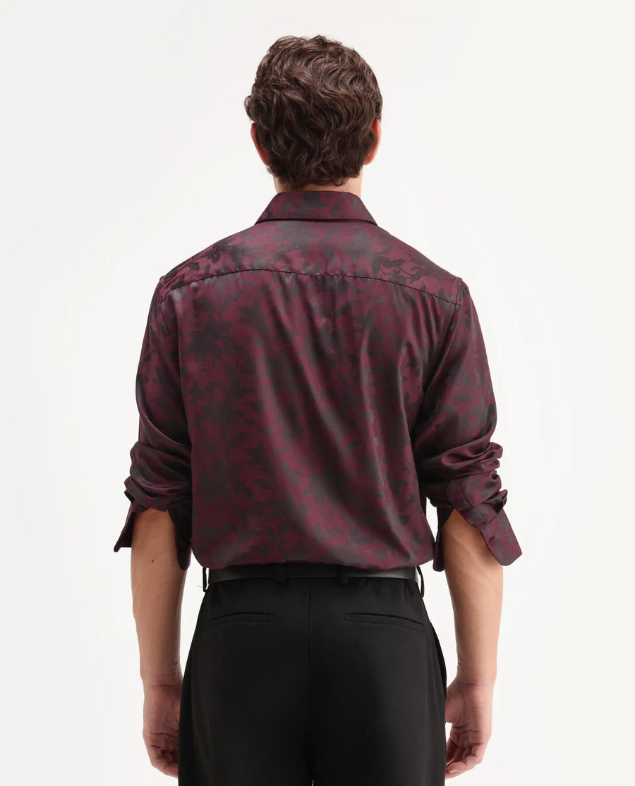 Rare Rabbit Men's Rezo Maroon Polyester Blend Spread Collar Button Regular Floral Print Print Shirt