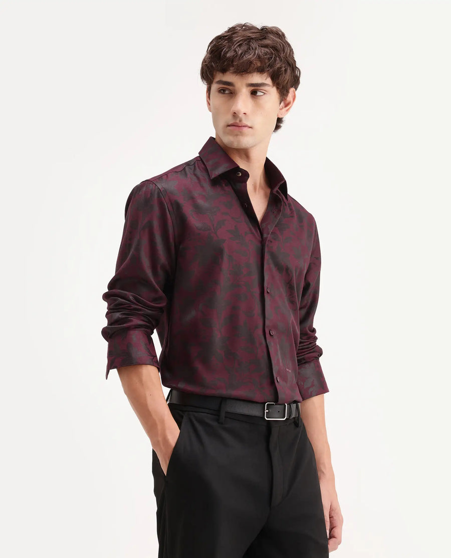 Rare Rabbit Men's Rezo Maroon Polyester Blend Spread Collar Button Regular Floral Print Print Shirt