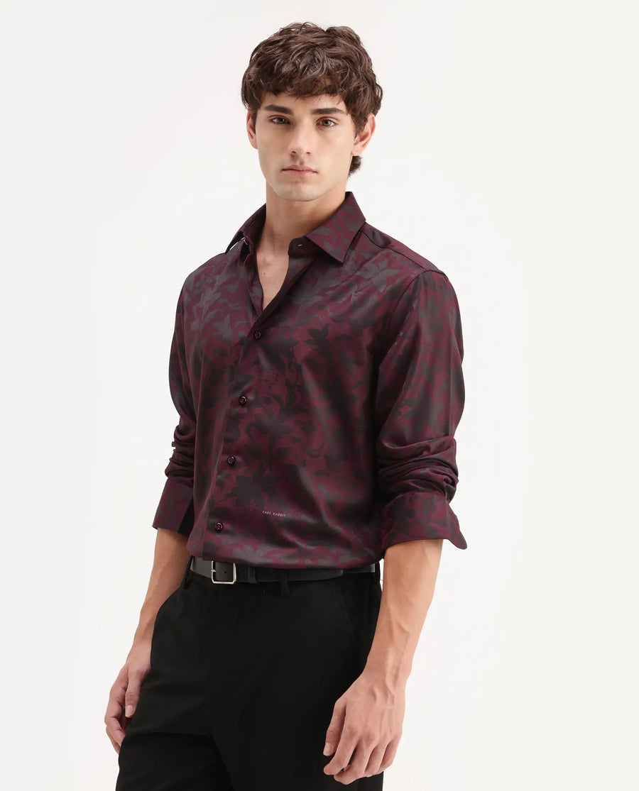 Rare Rabbit Men's Rezo Maroon Polyester Blend Spread Collar Button Regular Floral Print Print Shirt