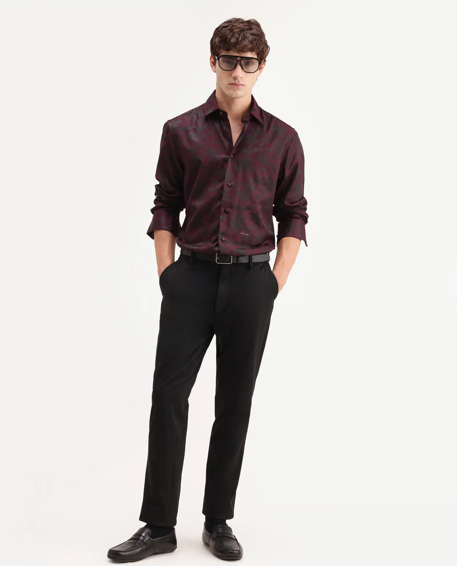 Rare Rabbit Men's Rezo Maroon Polyester Blend Spread Collar Button Regular Floral Print Print Shirt