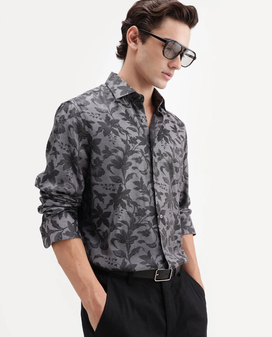Rare Rabbit Men's Rezo Dark Grey Polyester Blend Spread Collar Button Regular Floral Print Print Shirt