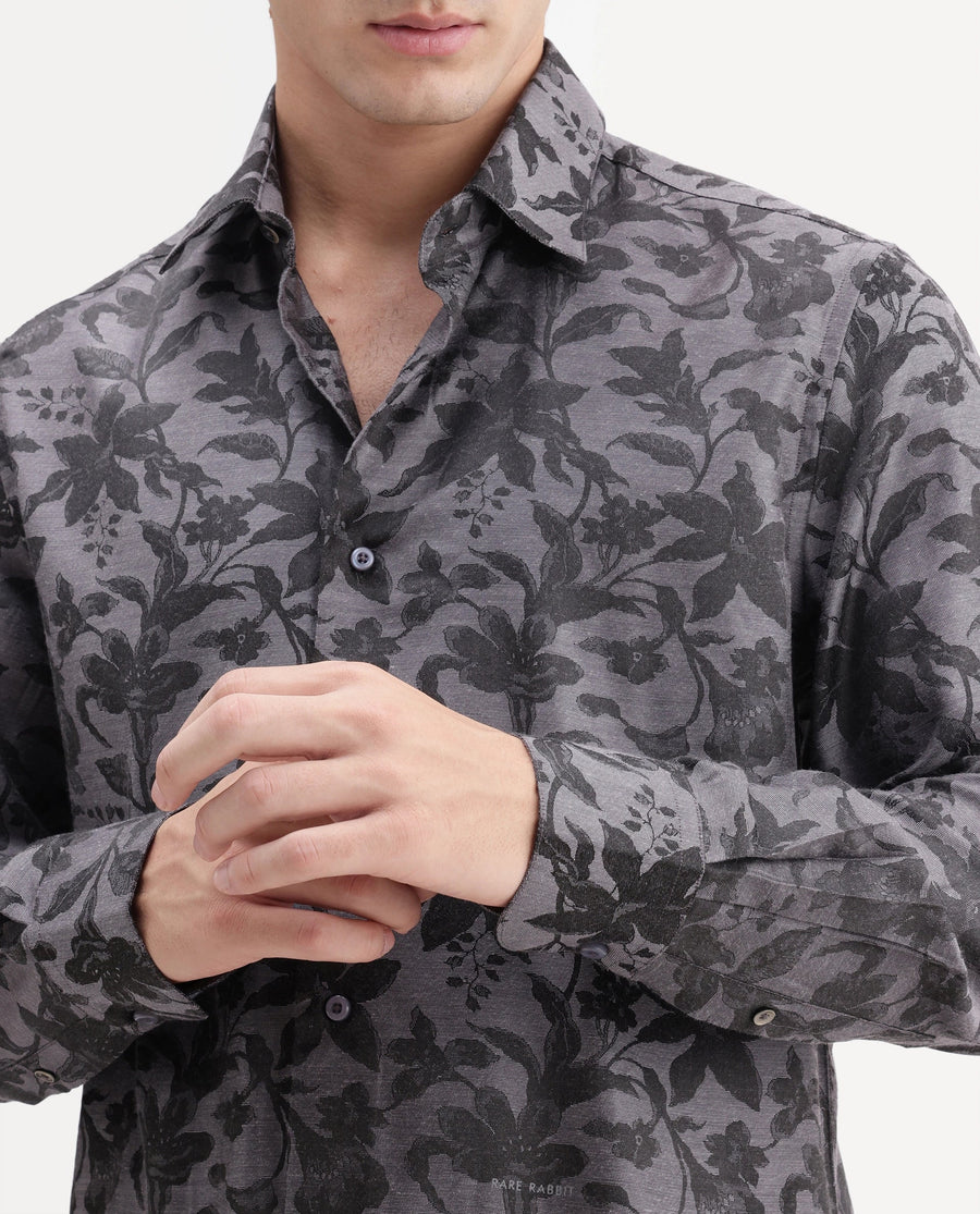 Rare Rabbit Men's Rezo Dark Grey Polyester Blend Spread Collar Button Regular Floral Print Print Shirt