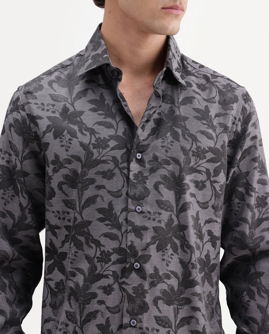 Rare Rabbit Men's Rezo Dark Grey Polyester Blend Spread Collar Button Regular Floral Print Print Shirt