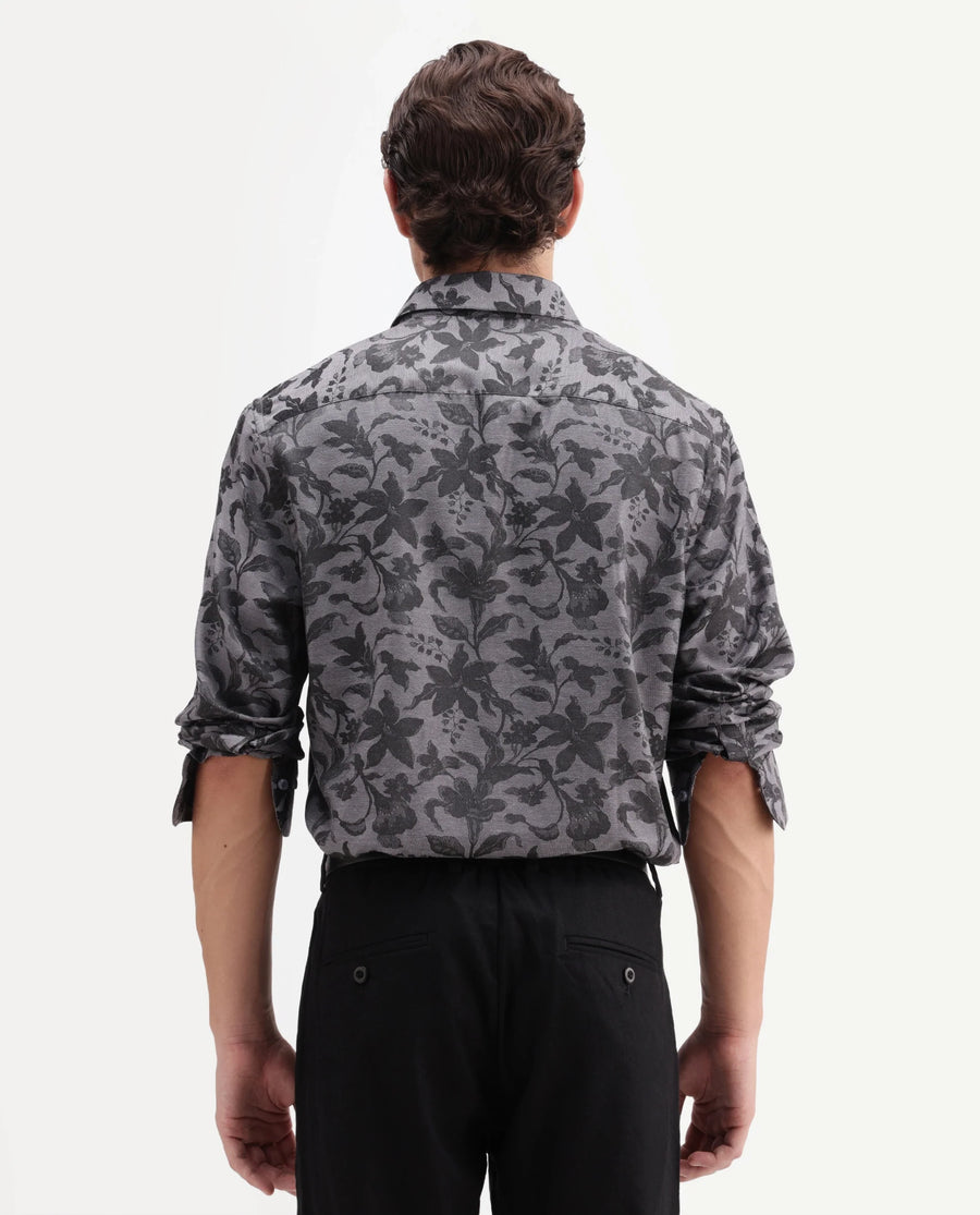 Rare Rabbit Men's Rezo Dark Grey Polyester Blend Spread Collar Button Regular Floral Print Print Shirt