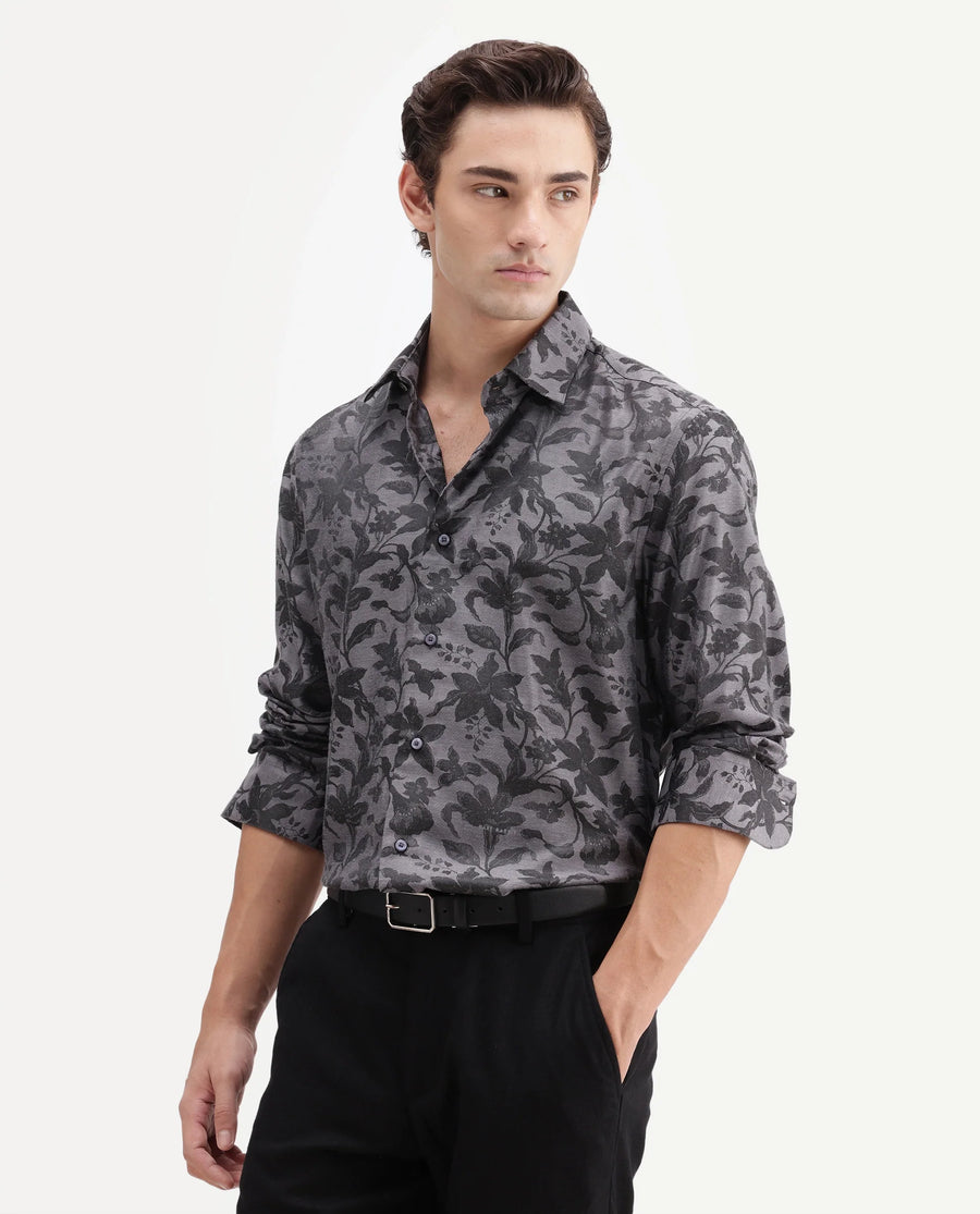 Rare Rabbit Men's Rezo Dark Grey Polyester Blend Spread Collar Button Regular Floral Print Print Shirt