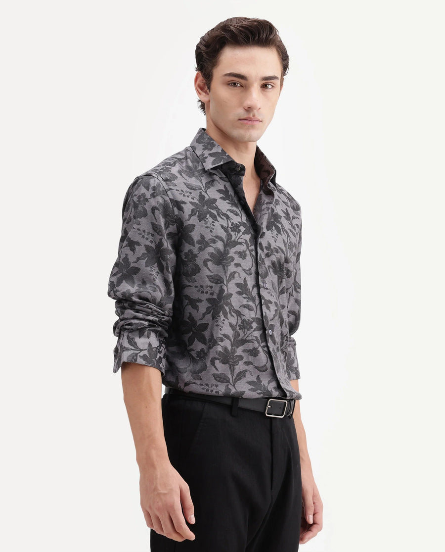 Rare Rabbit Men's Rezo Dark Grey Polyester Blend Spread Collar Button Regular Floral Print Print Shirt