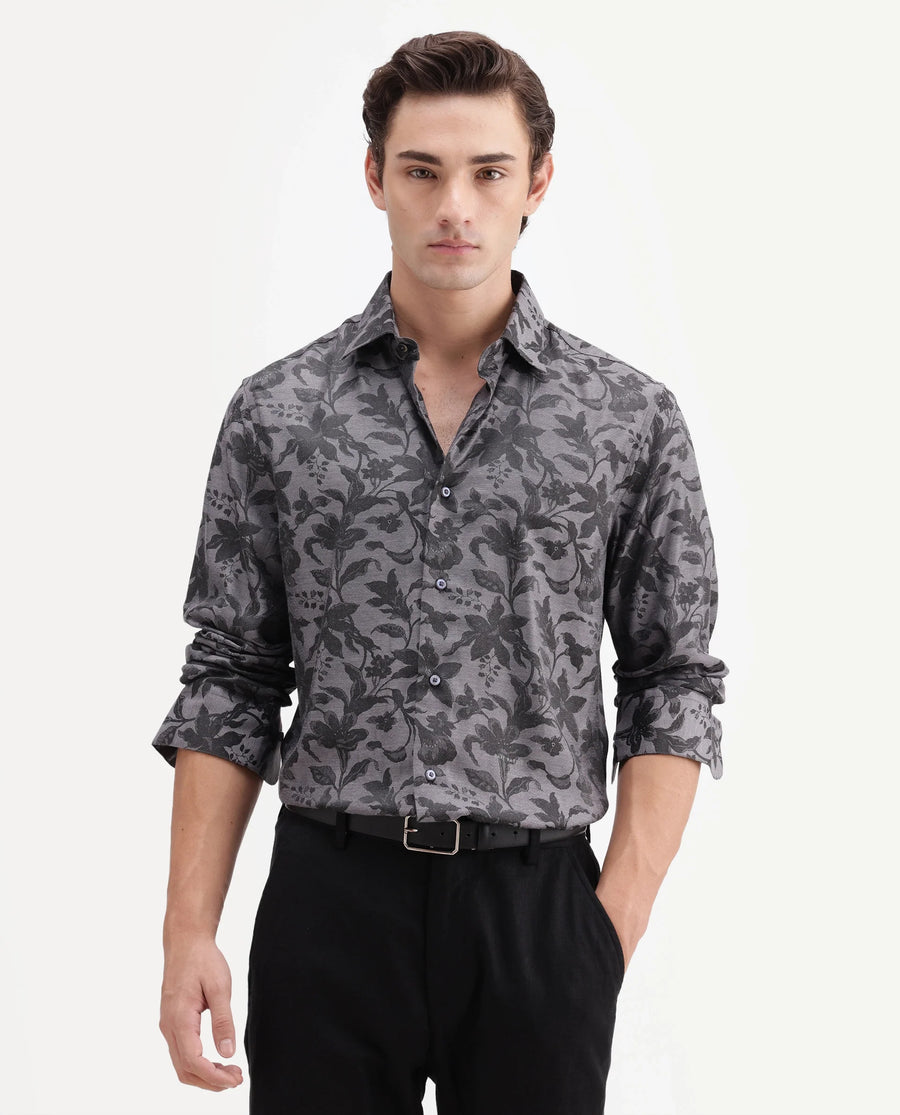 Rare Rabbit Men's Rezo Dark Grey Polyester Blend Spread Collar Button Regular Floral Print Print Shirt