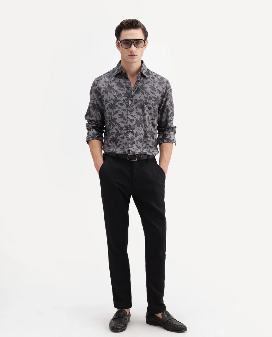 Rare Rabbit Men's Rezo Dark Grey Polyester Blend Spread Collar Button Regular Floral Print Print Shirt