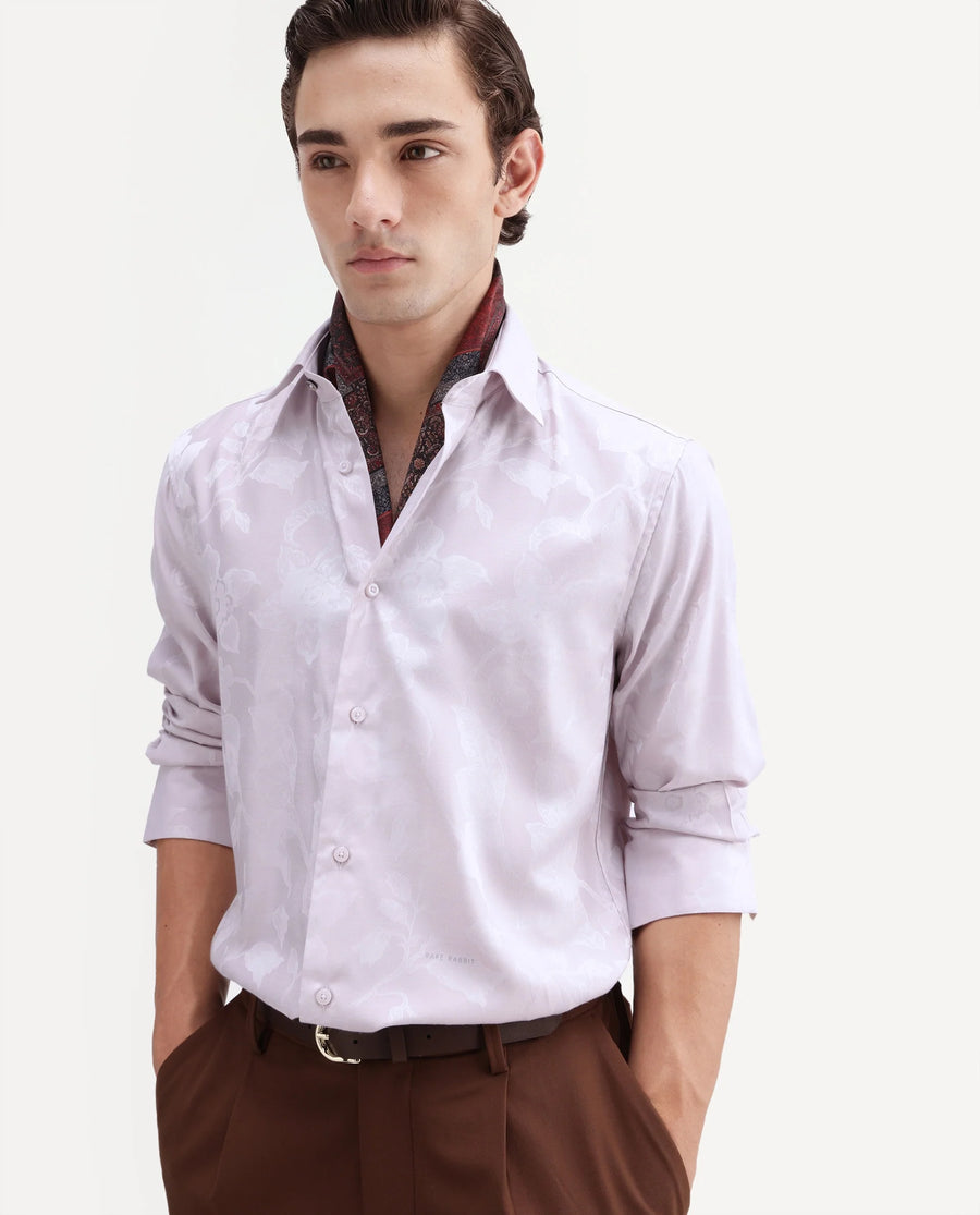 Rare Rabbit Men's Nomo Pastel Purple Polyester Blend Fabric Spread Collar Regular Fit Jacquard Shirt
