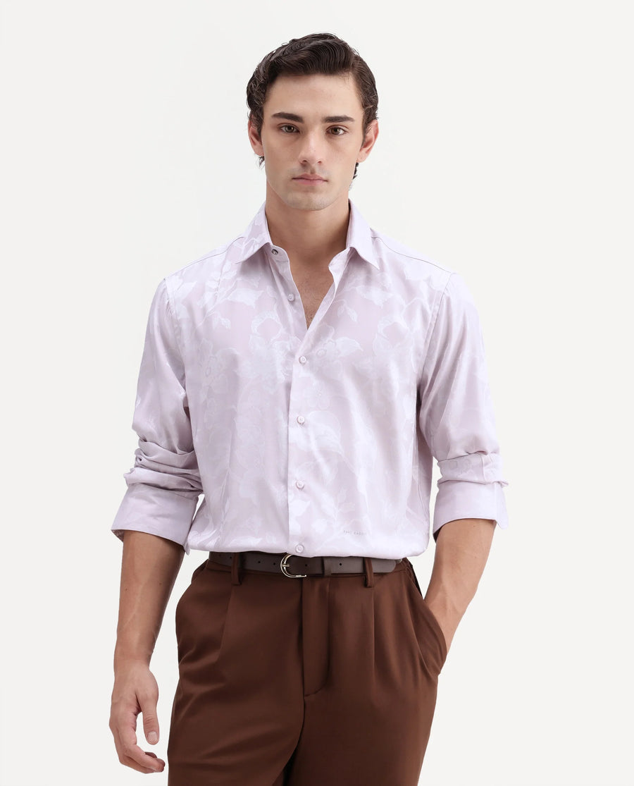 Rare Rabbit Men's Nomo Pastel Purple Polyester Blend Fabric Spread Collar Regular Fit Jacquard Shirt