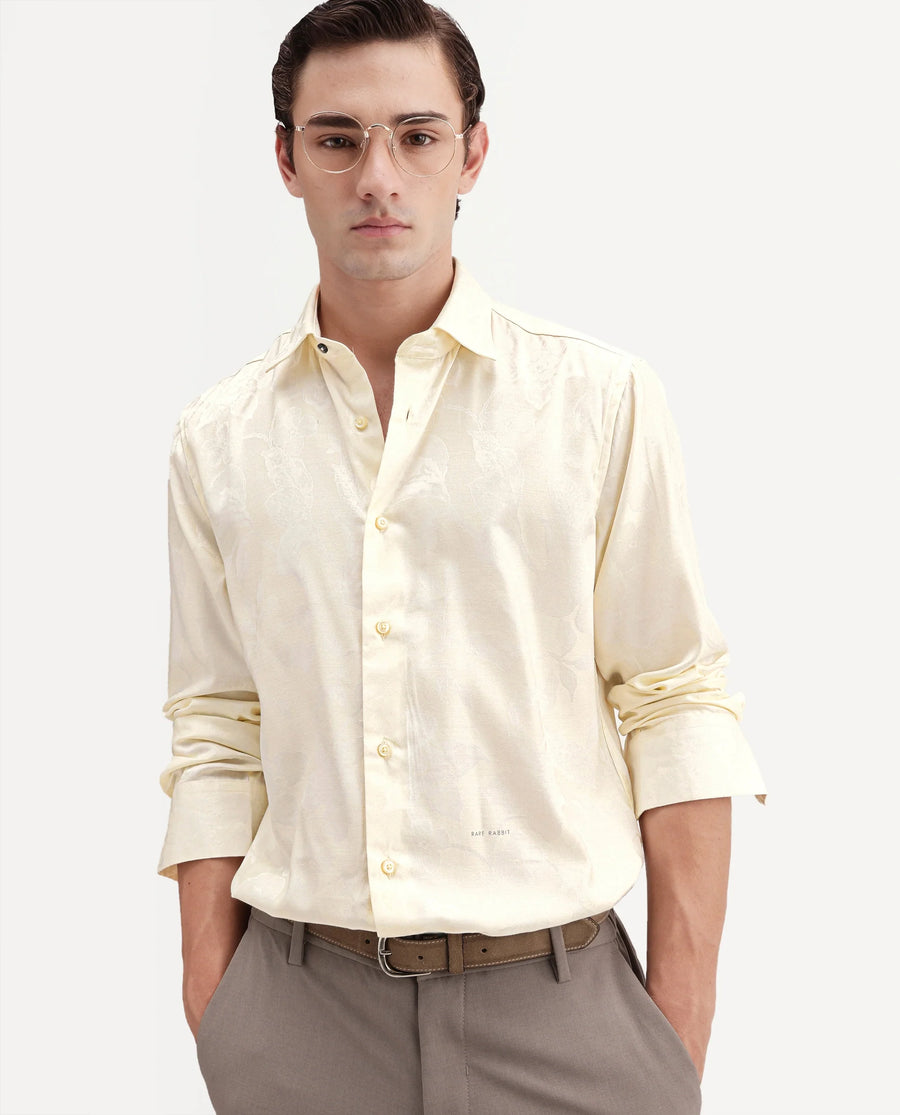 Rare Rabbit Men's Nomo Off White Polyester Blend Fabric Spread Collar Regular Fit Jacquard Shirt