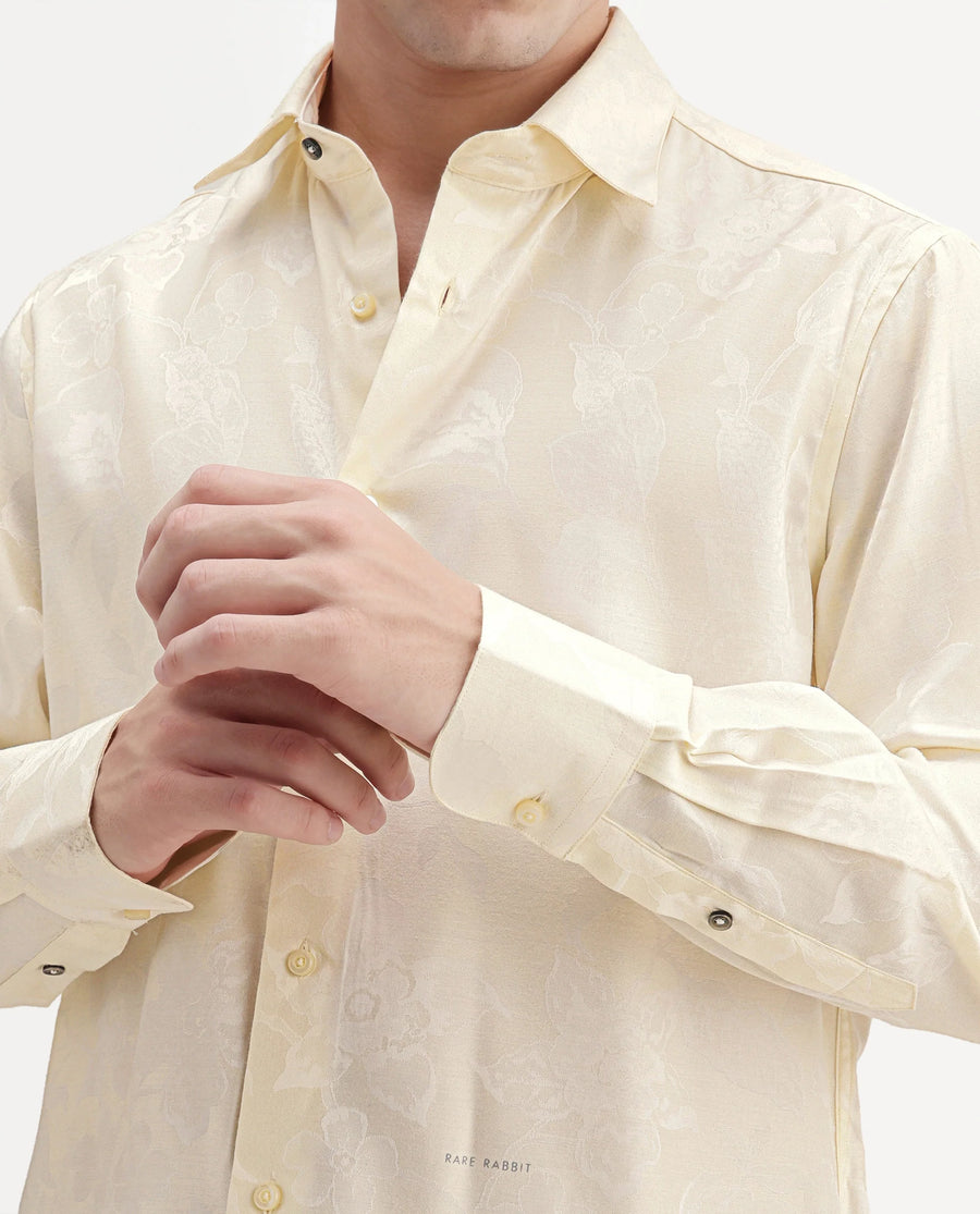 Rare Rabbit Men's Nomo Off White Polyester Blend Fabric Spread Collar Regular Fit Jacquard Shirt