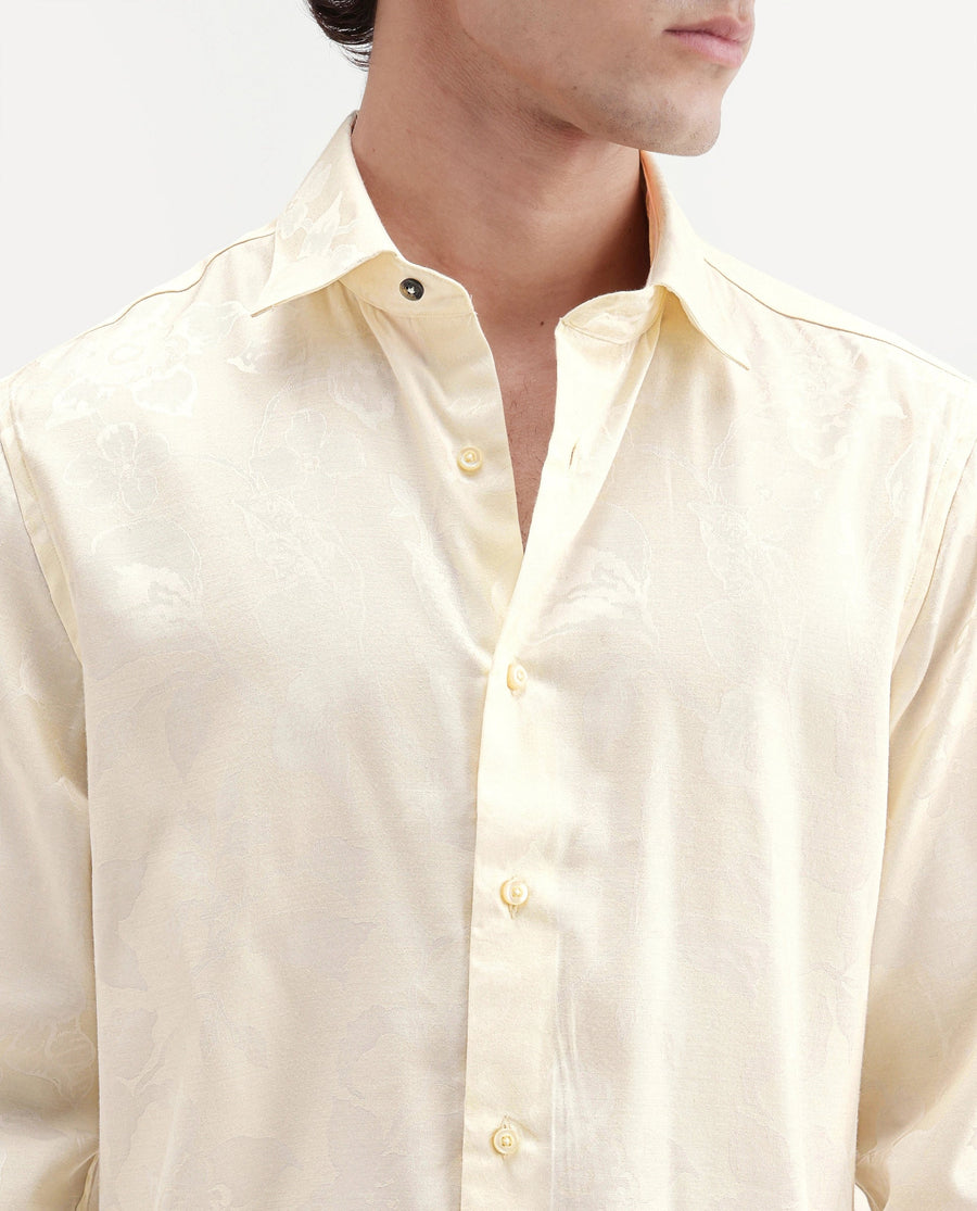 Rare Rabbit Men's Nomo Off White Polyester Blend Fabric Spread Collar Regular Fit Jacquard Shirt
