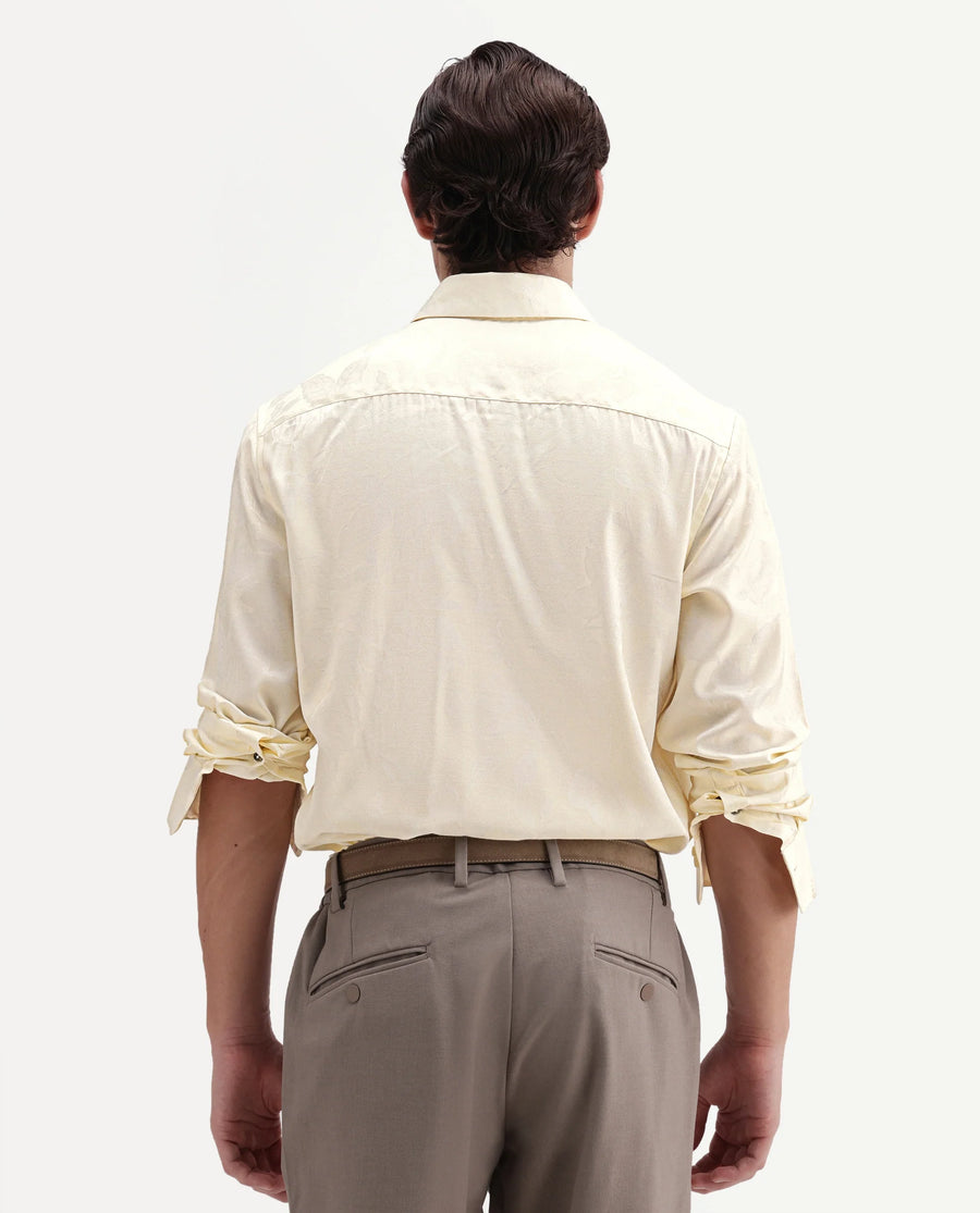Rare Rabbit Men's Nomo Off White Polyester Blend Fabric Spread Collar Regular Fit Jacquard Shirt
