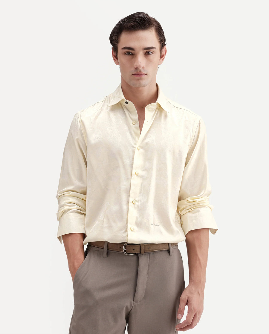 Rare Rabbit Men's Nomo Off White Polyester Blend Fabric Spread Collar Regular Fit Jacquard Shirt