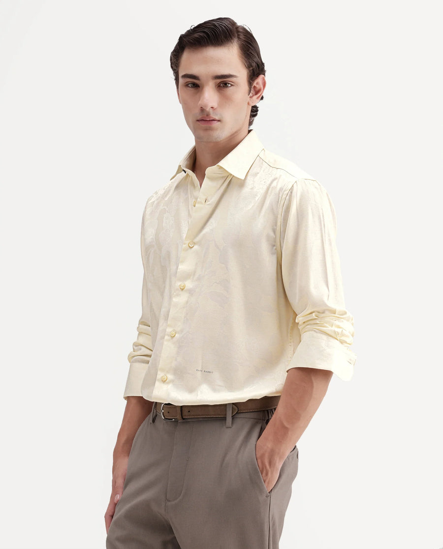 Rare Rabbit Men's Nomo Off White Polyester Blend Fabric Spread Collar Regular Fit Jacquard Shirt