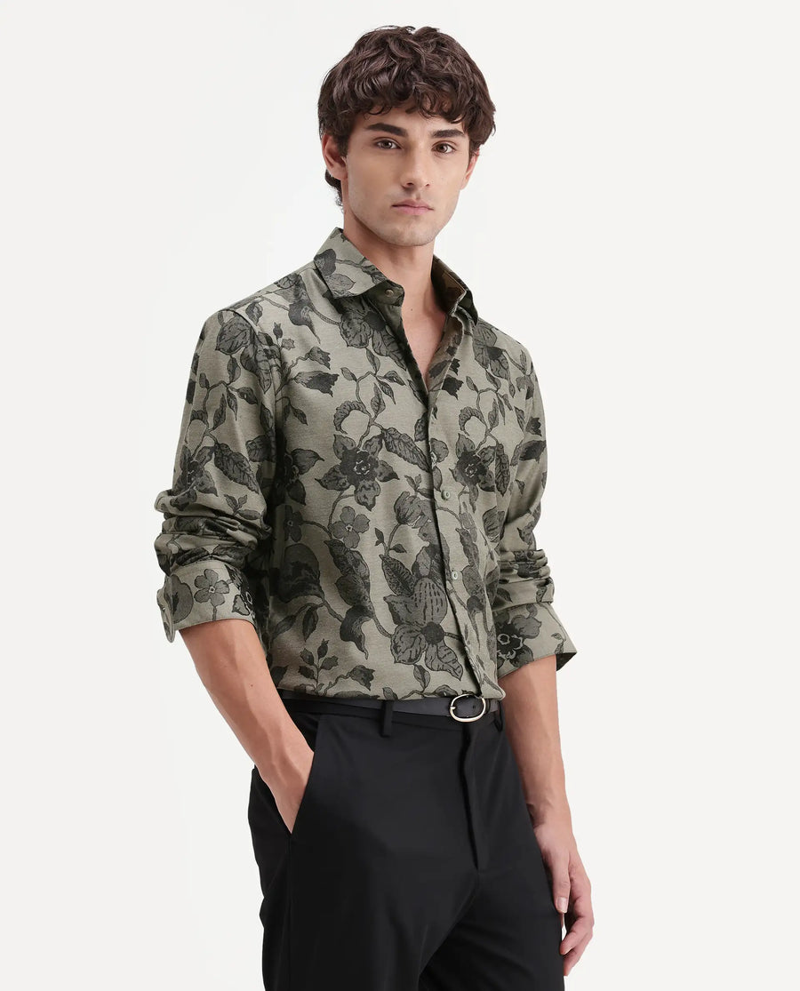 Rare Rabbit Men's Nomo Dark Green Polyester Blend Fabric Spread Collar Regular Fit Floral Print Shirt