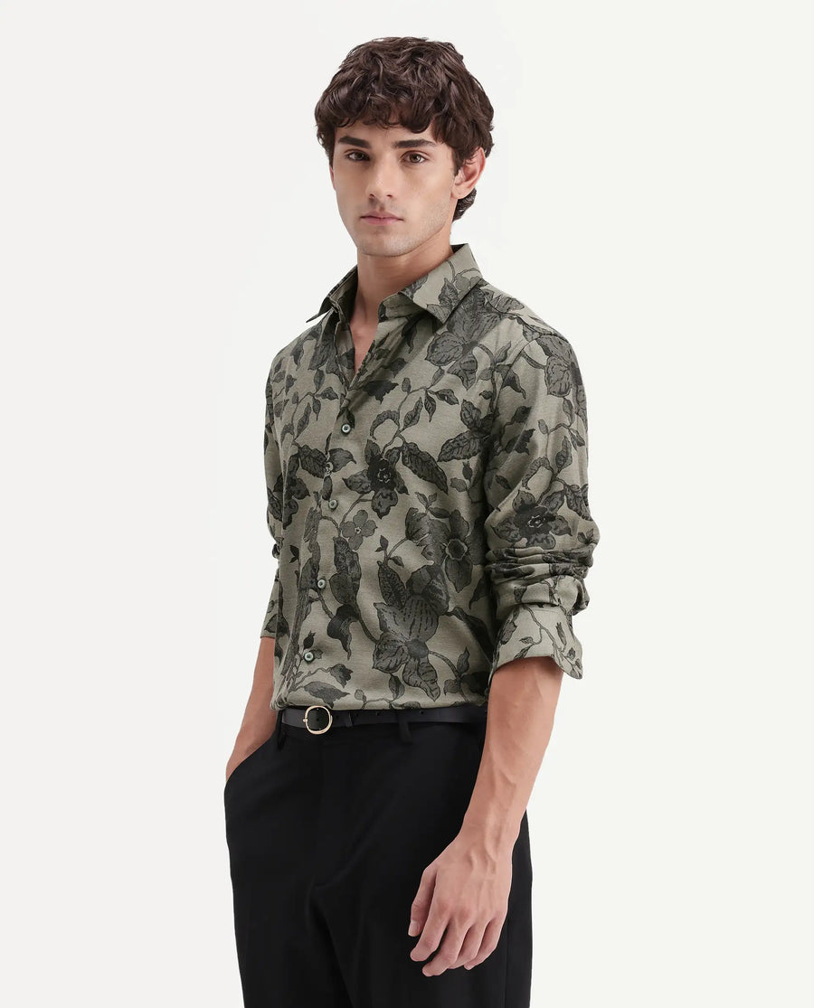 Rare Rabbit Men's Nomo Dark Green Polyester Blend Fabric Spread Collar Regular Fit Floral Print Shirt