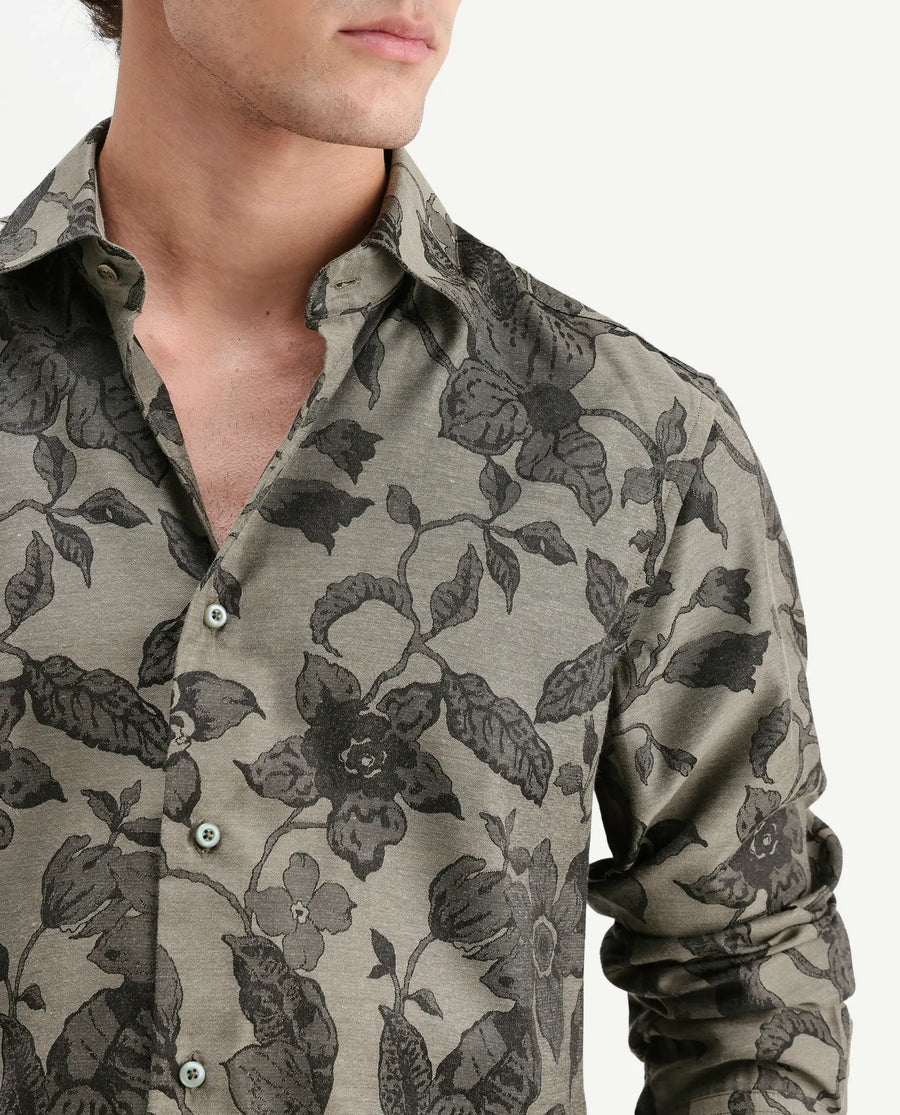 Rare Rabbit Men's Nomo Dark Green Polyester Blend Fabric Spread Collar Regular Fit Floral Print Shirt