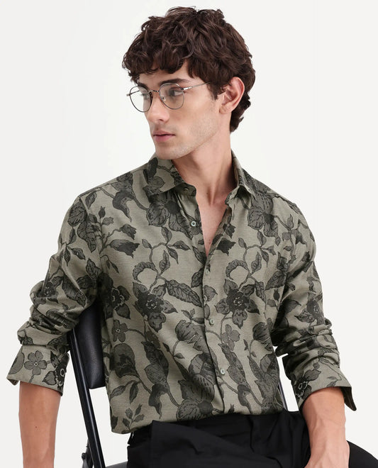 Rare Rabbit Men's Nomo Dark Green Polyester Blend Fabric Spread Collar Regular Fit Floral Print Shirt