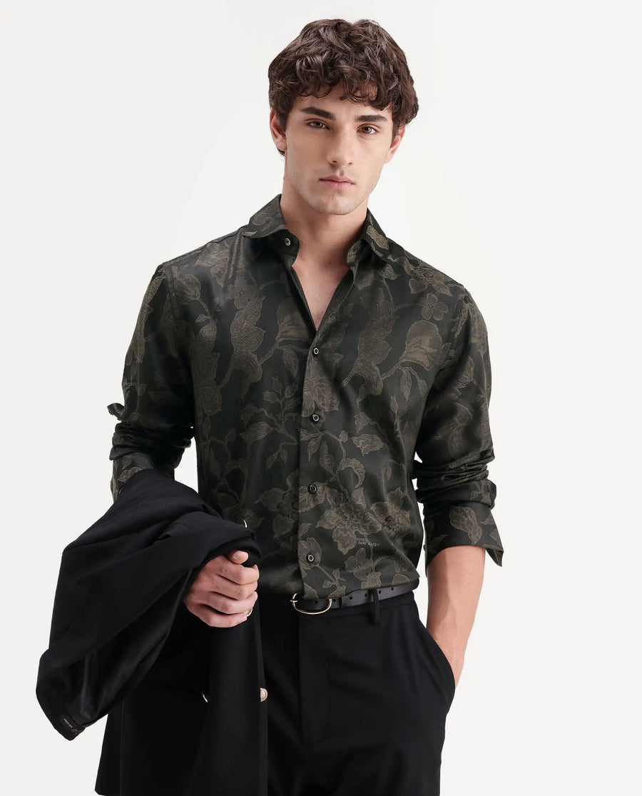 Rare Rabbit Men's Nomo Black Polyester Blend Fabric Spread Collar Regular Fit Jacquard Shirt
