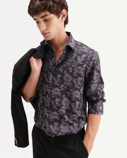 Rare Rabbit Men's Koba Dark Purple Polyester Blend Fabric Spread Collar Regular Fit Floral Print Shirt